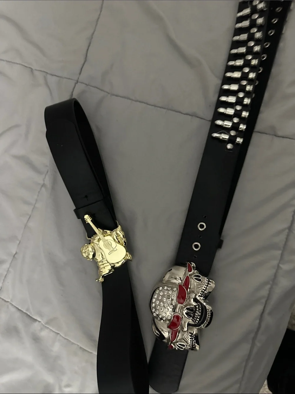 True Religion Black Belts with Gold Guitar and Silver Skull Buckles